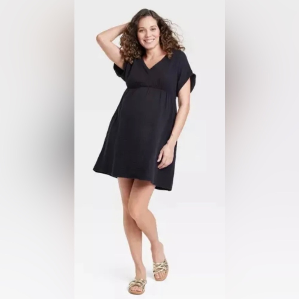 Short Sleeve Gauze Mini Maternity Dress - Ingrid & Isabel Black Medium